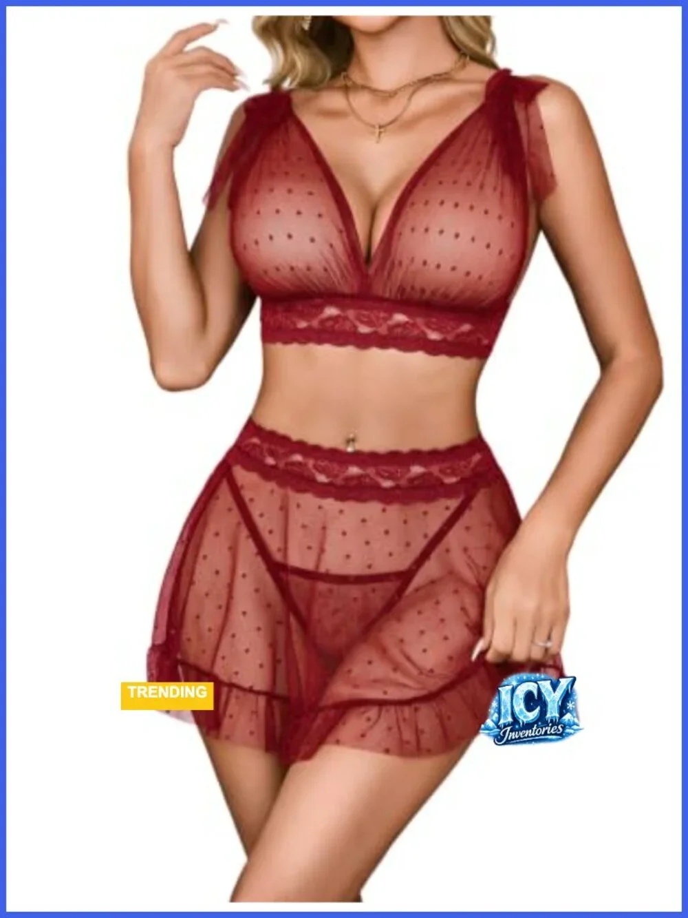 Sheer Mesh Babydoll Lingerie Set with Bow Accents Adjustable Straps